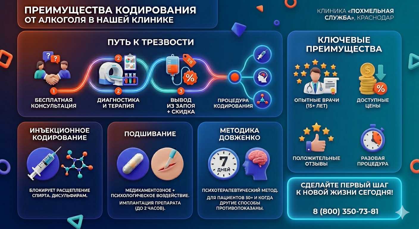 Инфографика о методах кодирования от алкоголя в Мраково: инъекции, подшивание, метод Довженко. Преимущества клиники и этапы лечения.